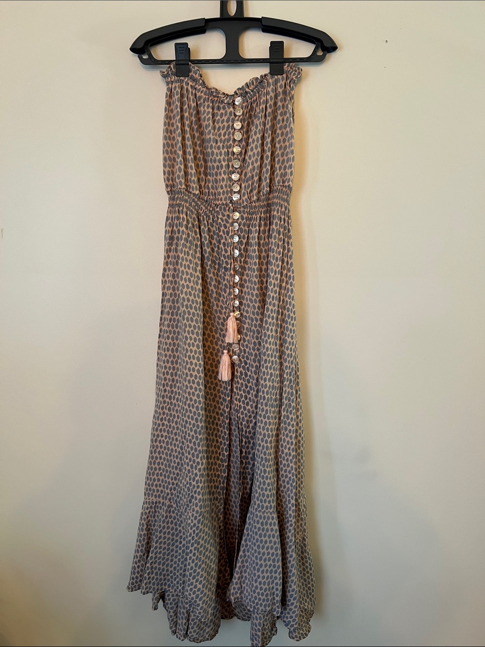 Tiare Hawaii Taupe Dot Strapless Maxi Dress with Tassel Buttons